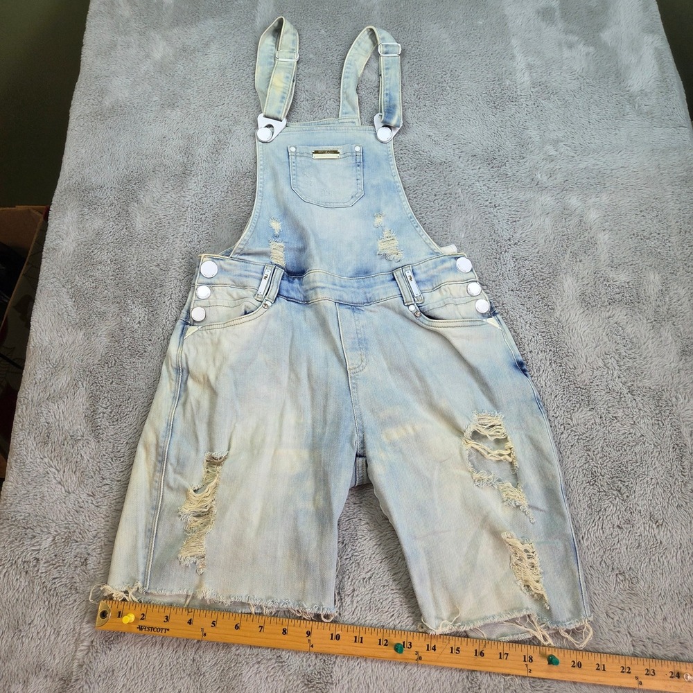 Pit Bull Jeans Distressed Denim Overalls Women Sz 4 Rhinestone Light Wash Blue
